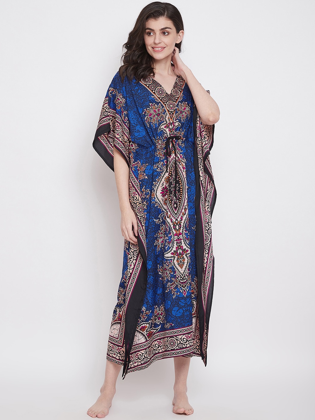 

Clovia Women Blue & Beige Printed Kaftan Maxi Nightdress