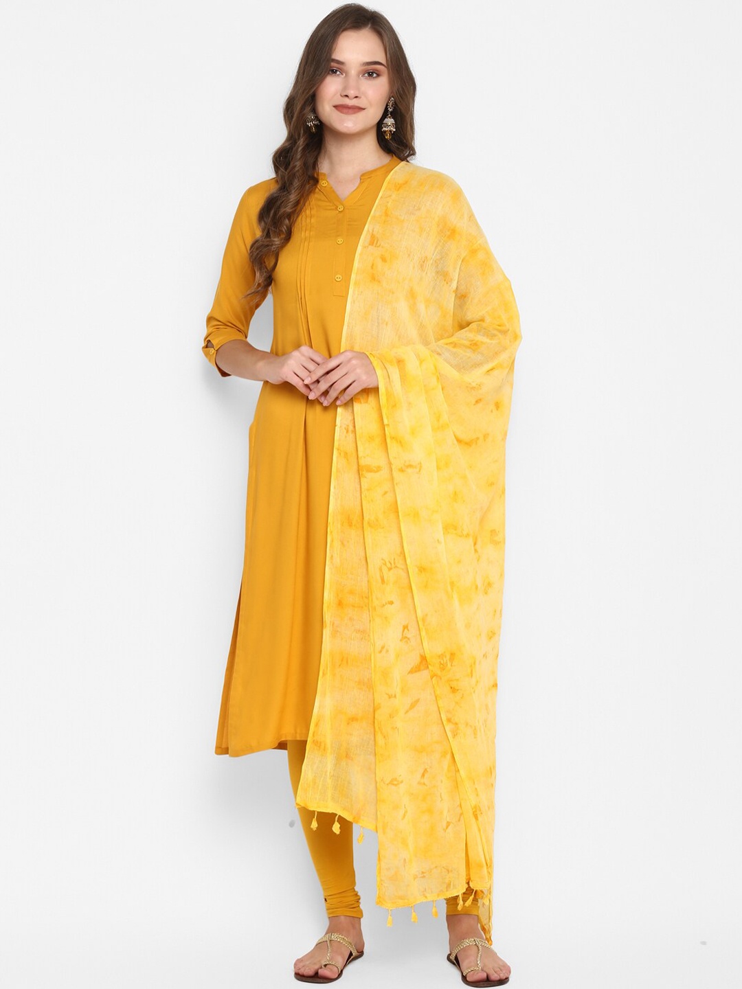 

Janasya Women Mustard Yellow Solid A-Line Kurta With Dupatta