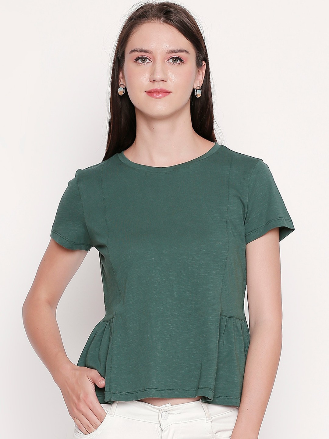 

Honey by Pantaloons Women Green Solid Peplum Pure Cotton Top