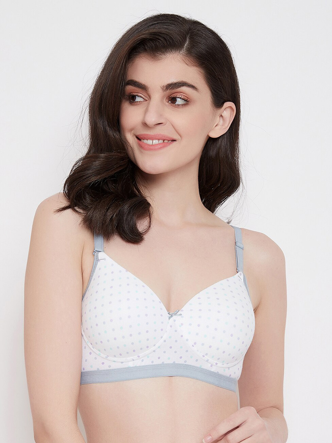 

Clovia White & Grey Polka Dot Printed Lightly-Padded Non-Wired T-Shirt Bra BR1064M18