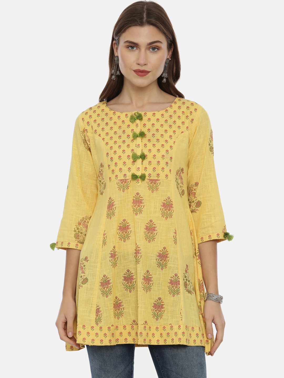 

Neerus Women Mustard Yellow Printed A-Line Pure Cotton Kurti