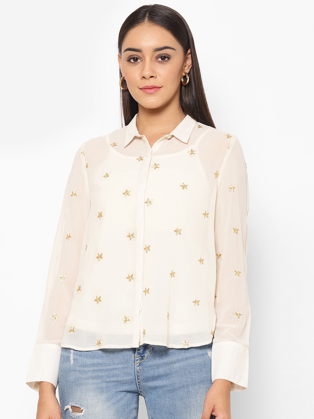 

HOUSE OF KKARMA Women Cream-Coloured Regular Fit Printed Casual Shirt