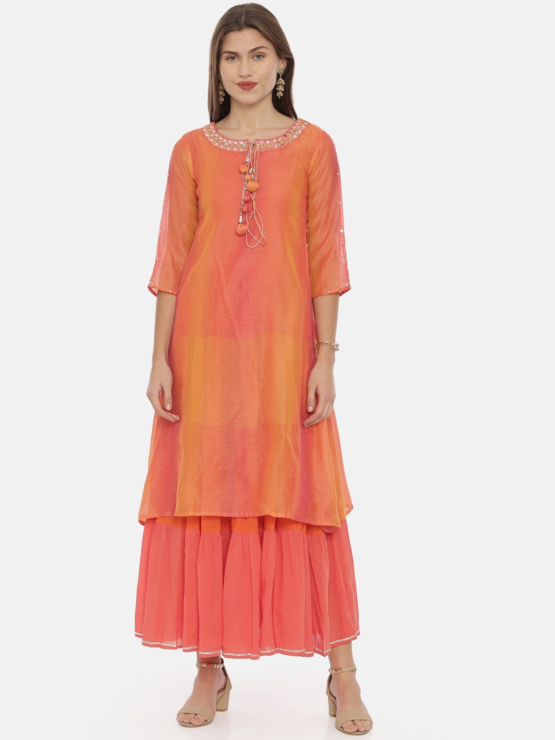 

Neerus Women Orange Colourblocked A-Line Layered Kurta