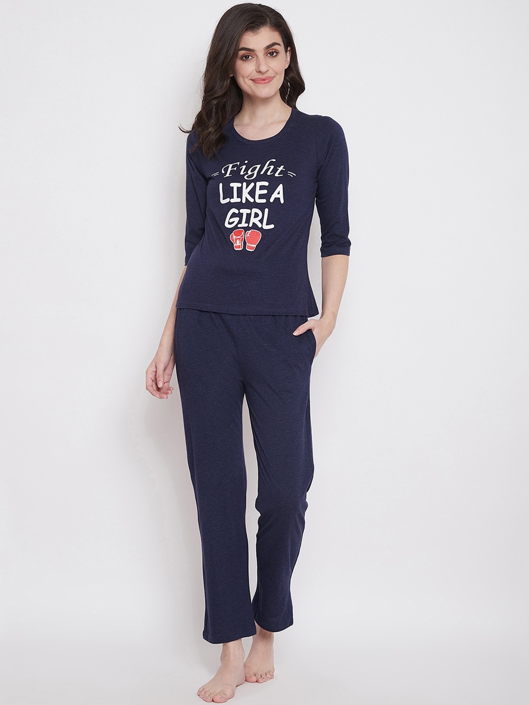 

Clovia Women Navy-Blue & White Printed Night Suit