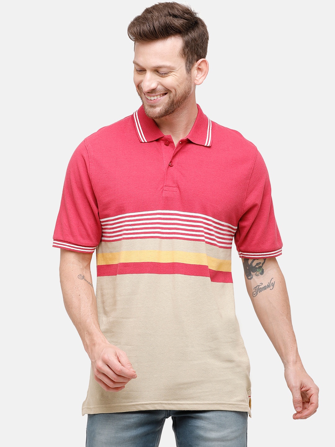 

CAVALLO by Linen Club Men Pink & Beige Striped Polo Collar Linen Cotton T-shirt