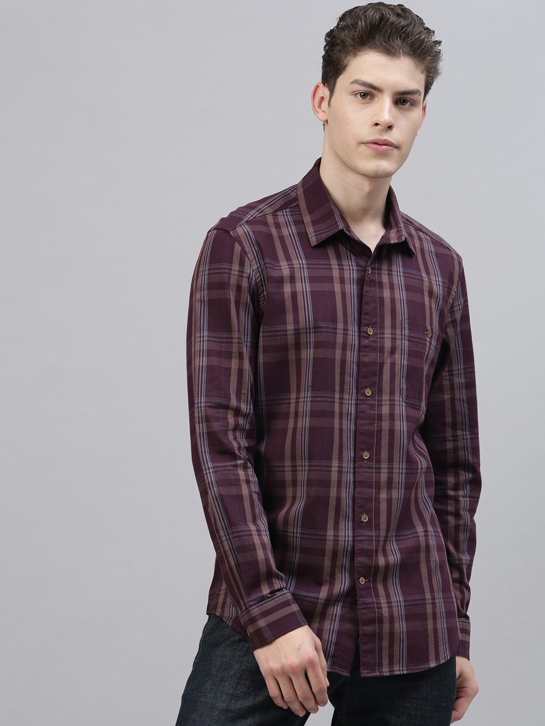 RARE RABBIT Men Stir Regular Fit Checked Shirt, Maroon
