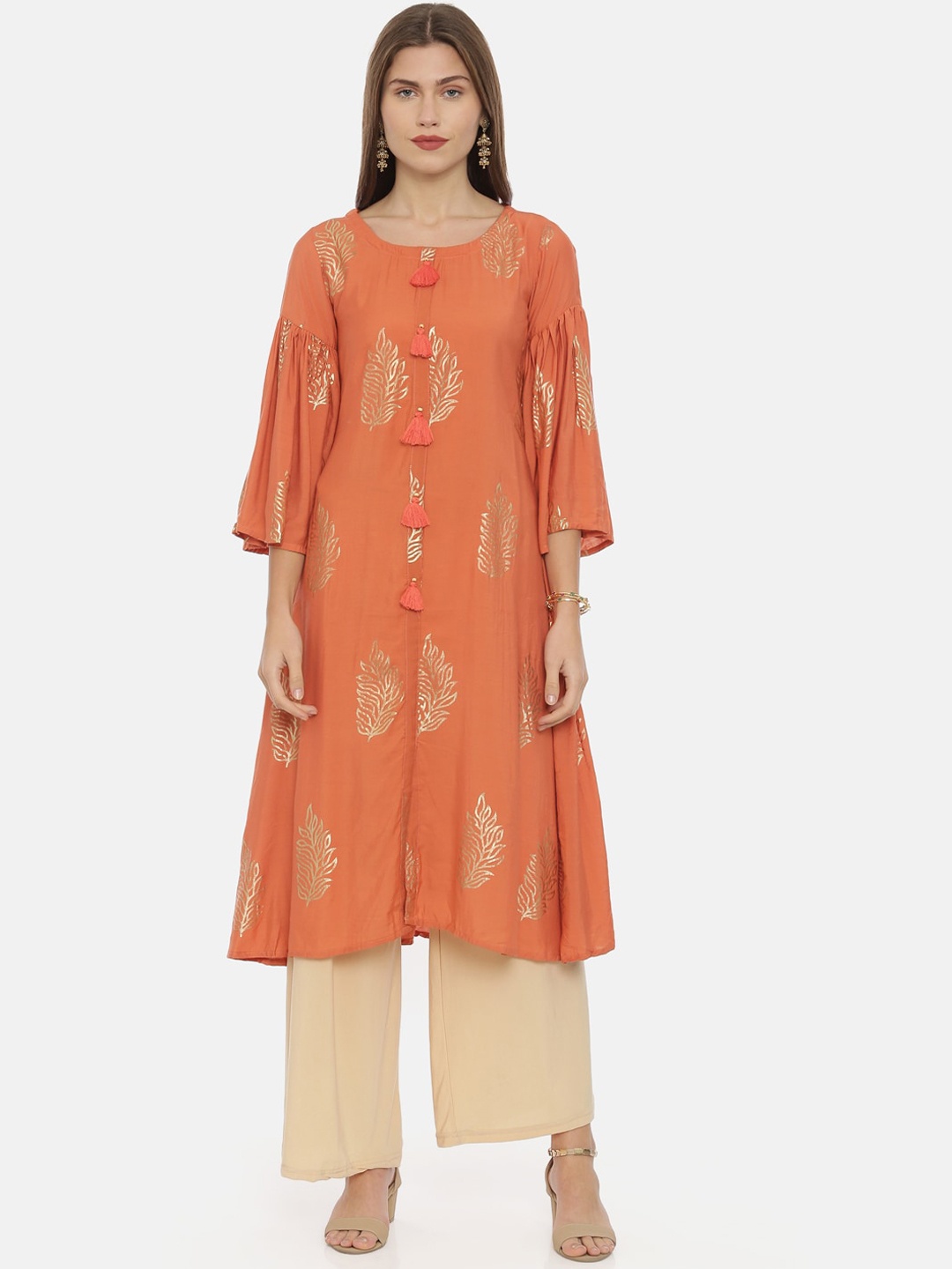 

Neerus Women Rust & Gold-Coloured Foil Printed A-Line Kurta