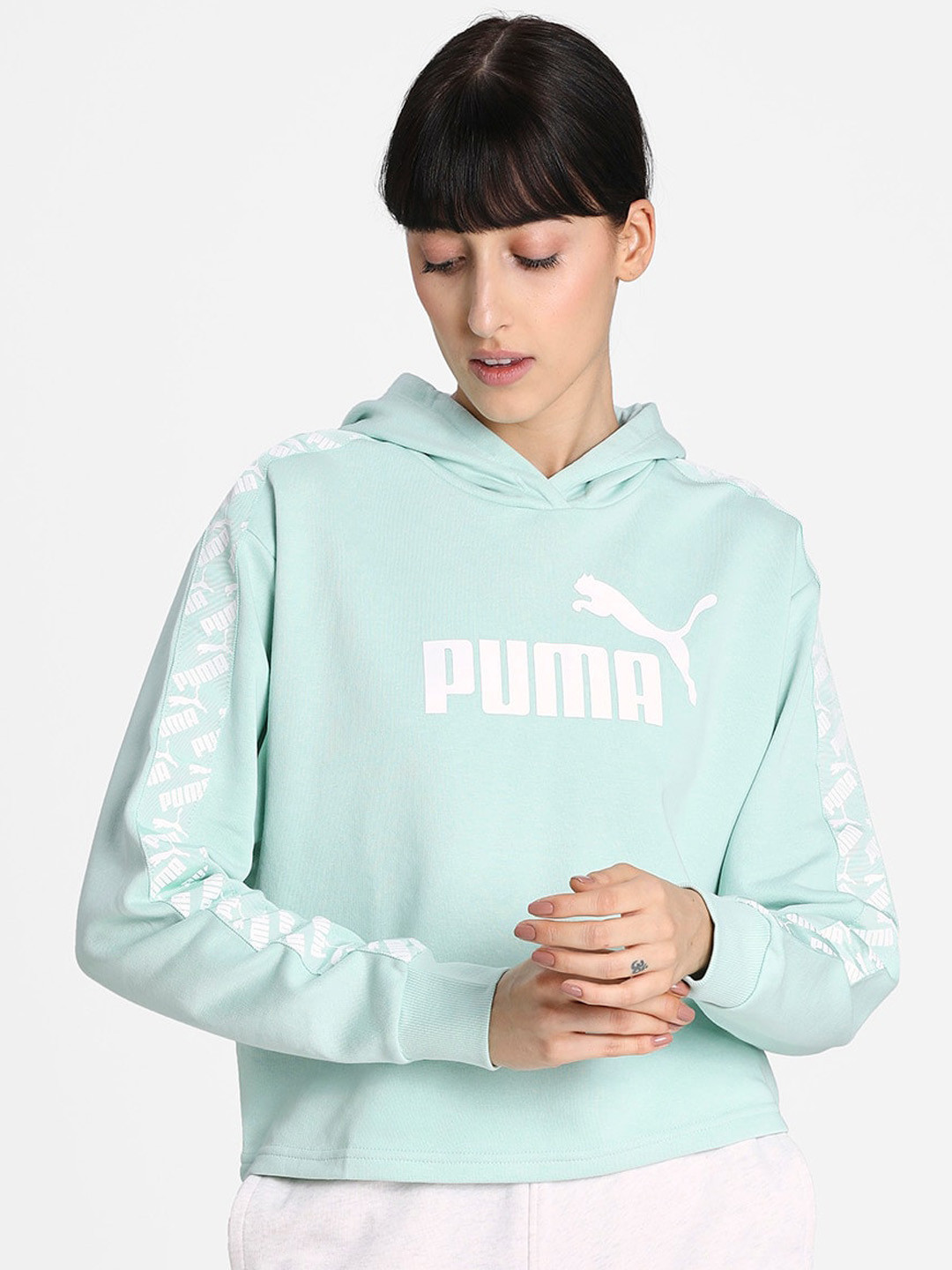 

Puma Women Sea Green Printed Cropped Hooded Sweatshirt