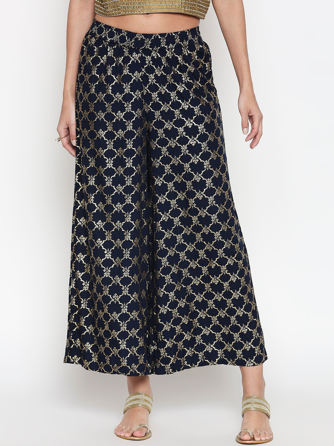 

RANGMANCH BY PANTALOONS Women Navy Blue & Gold-Colored Printed Wide Leg Palazzos