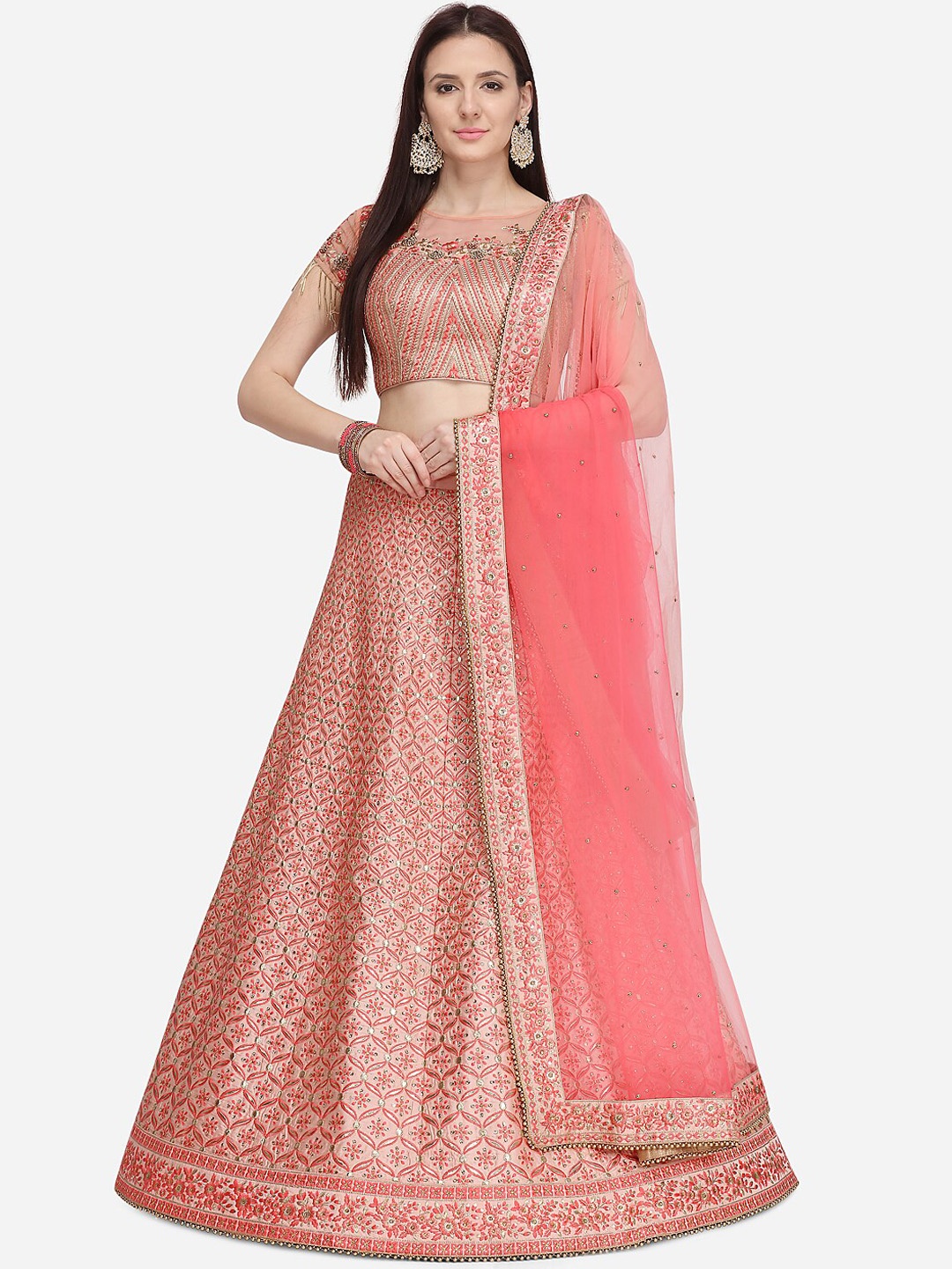 

NAKKASHI Women Peach & Gold Coloured Embroidered Semi-Stitched Lehenga & Unstitched Blouse with Dupatta