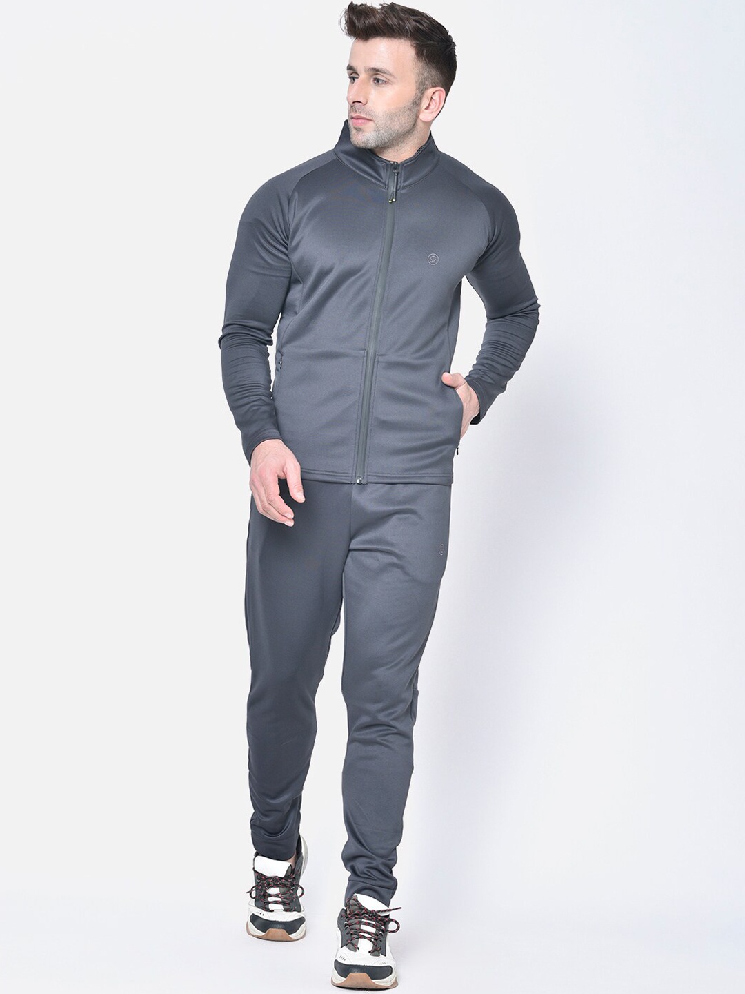 

CHKOKKO Men Grey Solid Tracksuit