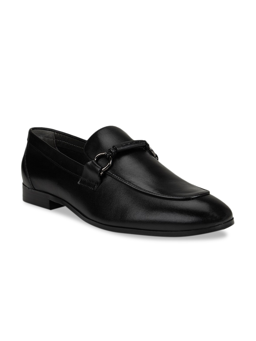 

Men Black Solid Leather Formal Slip-Ons