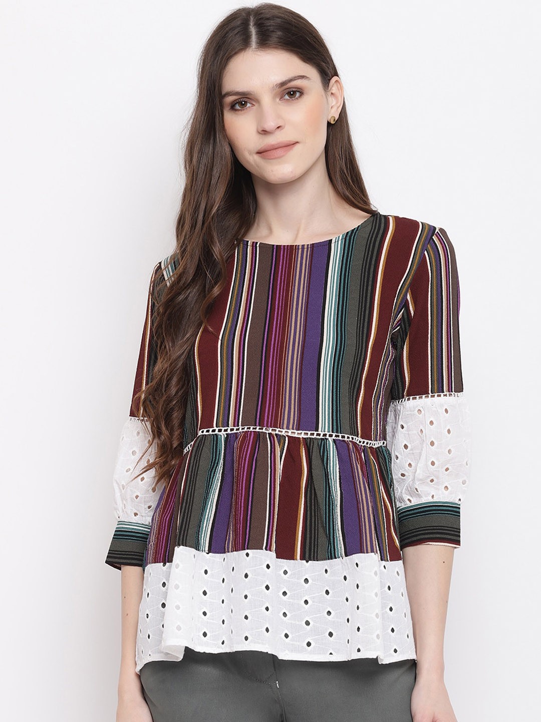 

Mayra Women Maroon & Blue Striped A-Line Top