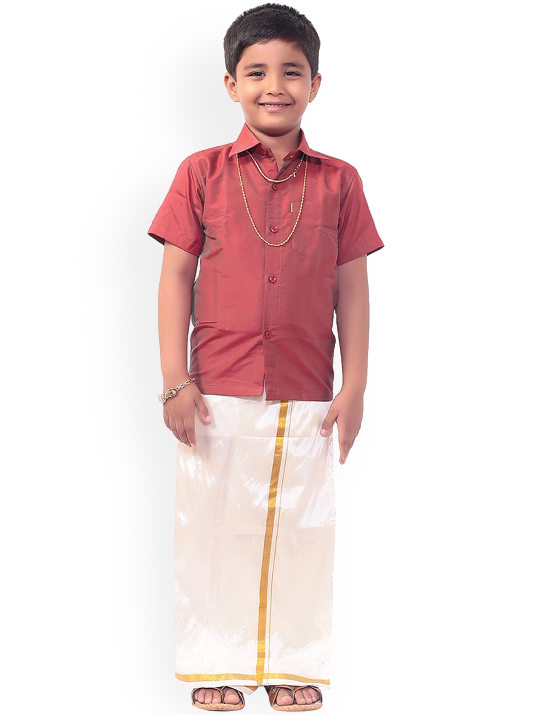 

Thala-thalapathy Boys Red & Off-White Solid Shirt and Veshti With Gift Set