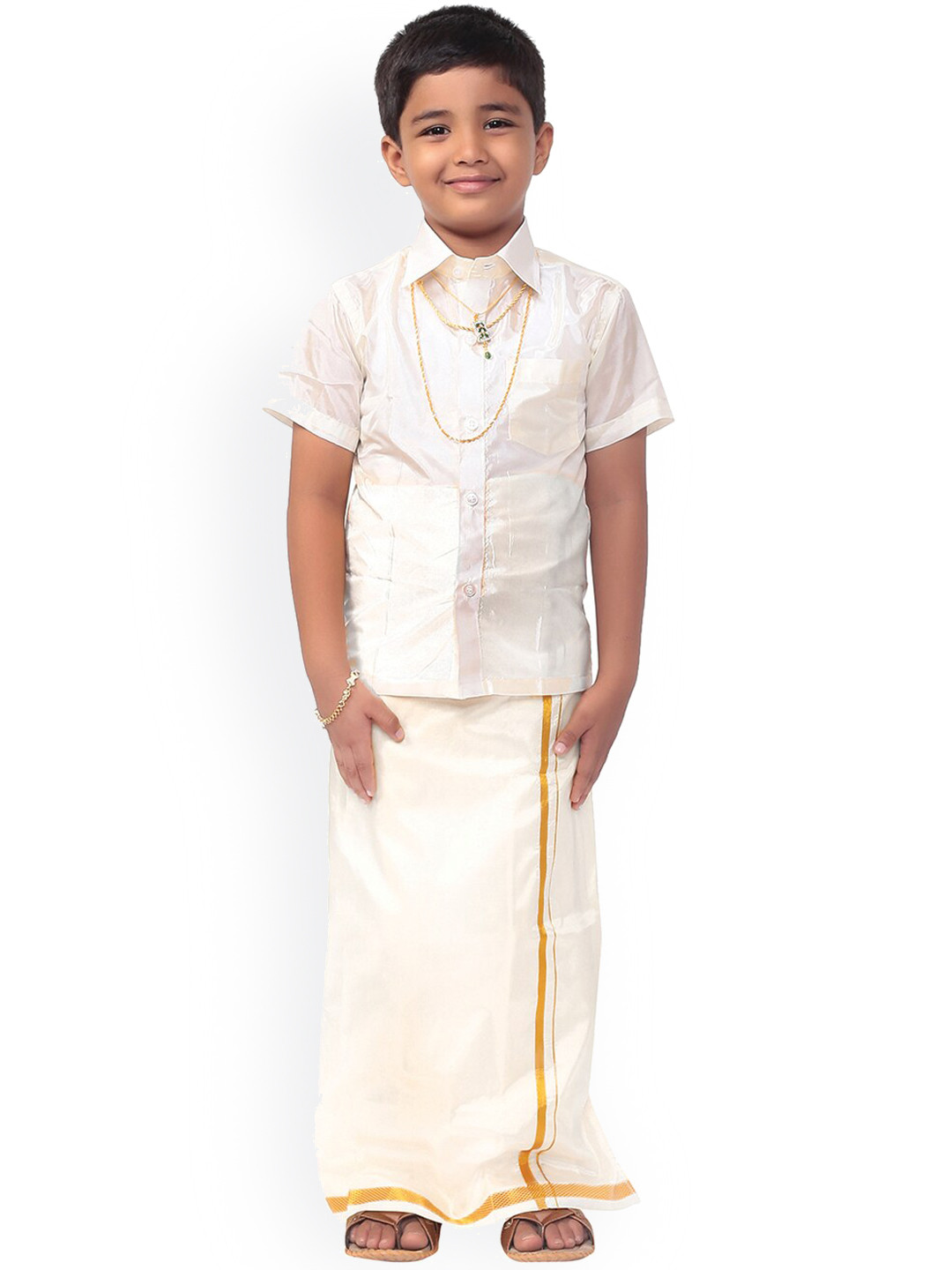 

Thangamagan Boys Off-White & Gold-Coloured Solid Shirt and Veshti