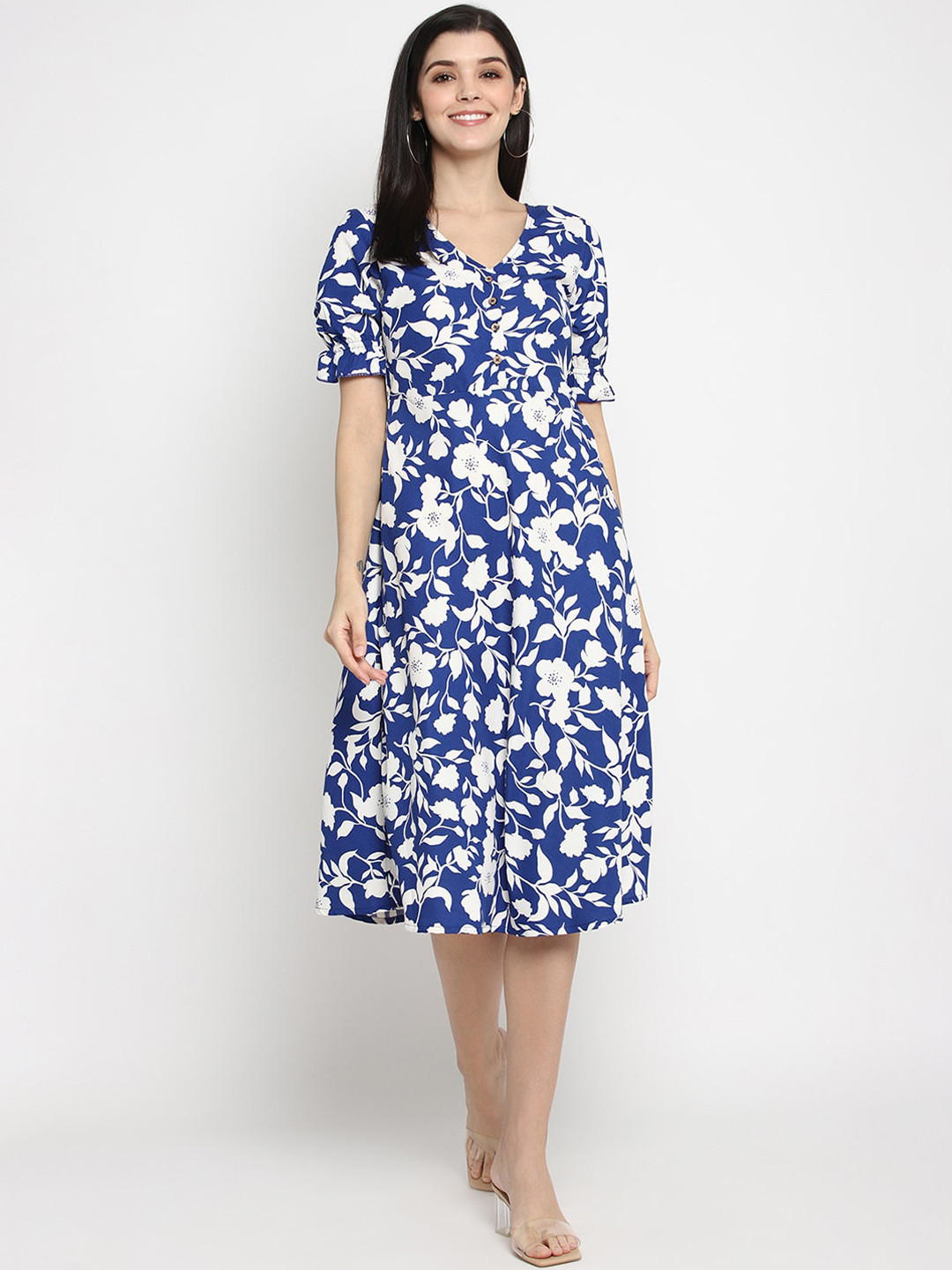 

The Vanca Women Blue Printed Fit and Flare Dress