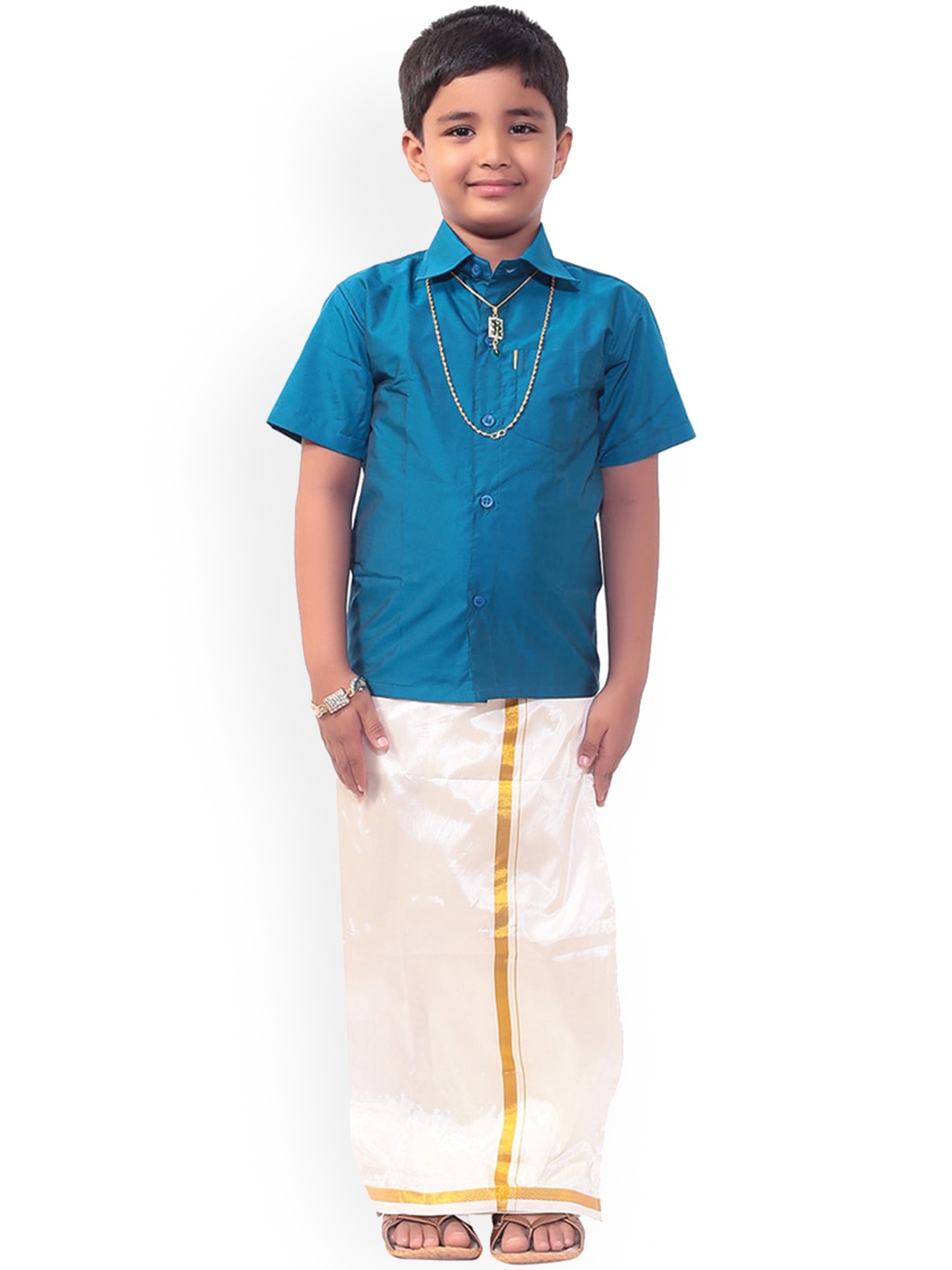 

Thangamagan Boys Blue & White Solid Shirt and Veshti