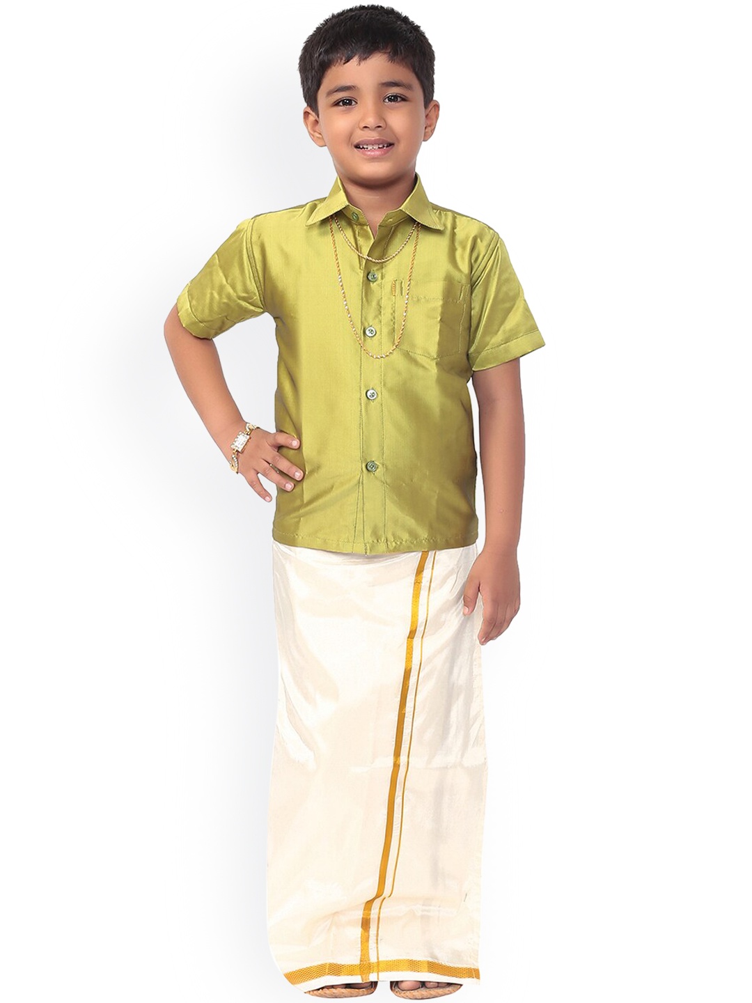 

Thala-thalapathy Boys Green Solid Shirt with Veshti & Gift Set