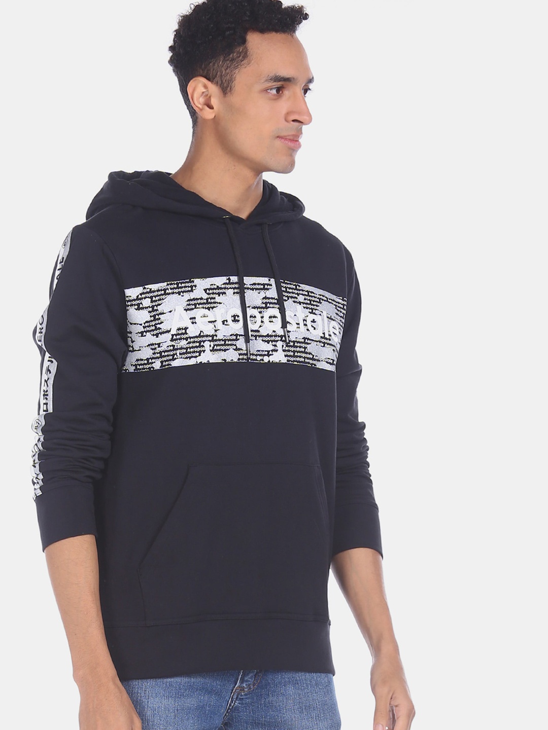 

Aeropostale Men Black & Off-White Printed Hooded Sweatshirt