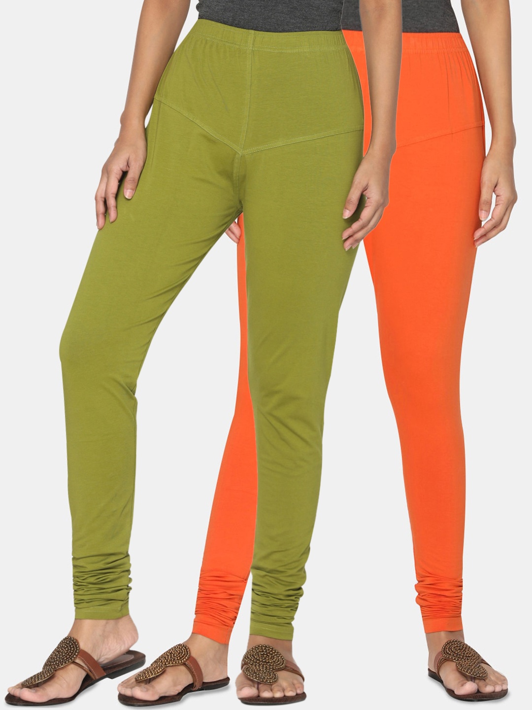 TSG Bliss Women Pack Of 2 Solid Churidar-Length Leggings, Olive