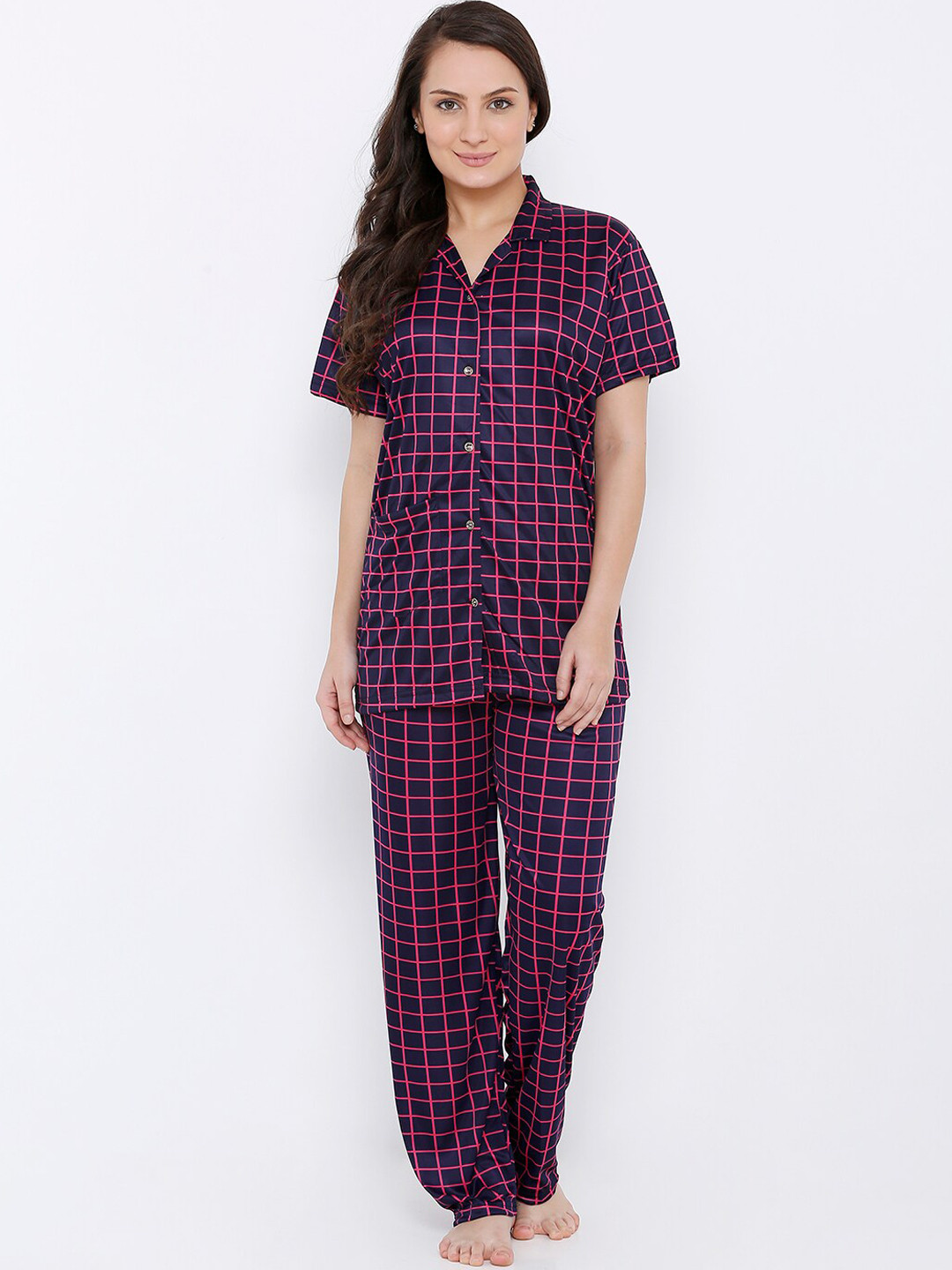 

Pretty Awesome Women Navy Blue & Pink Checked Night Suit