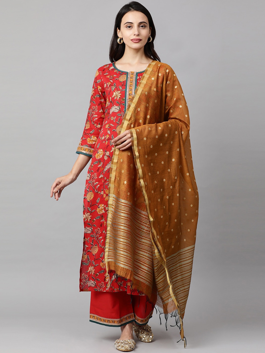 

Indo Era Women Red & Olive Green Printed Kurta with Palazzos & Dupatta