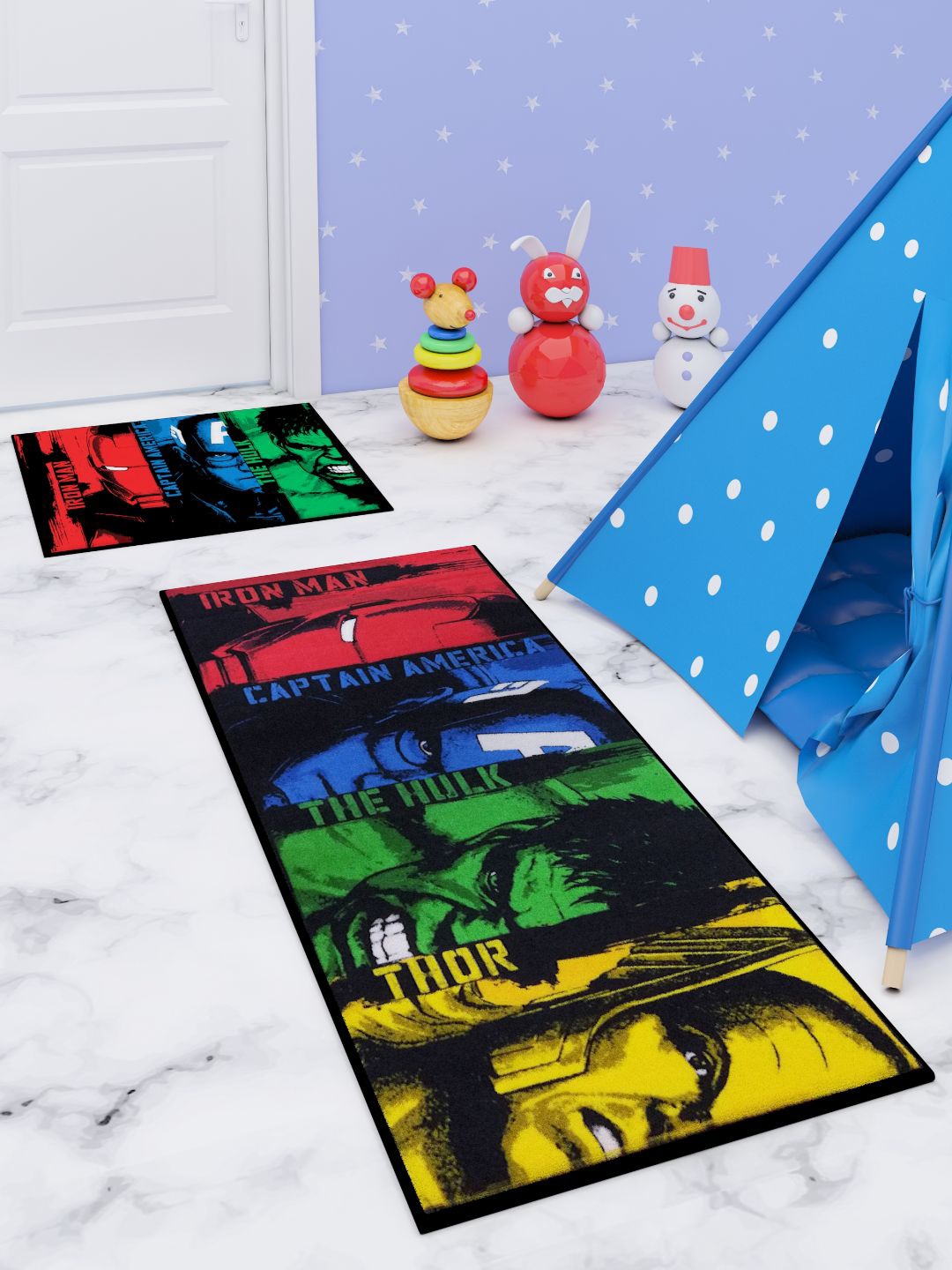 Marvel Set Of 2 Printed Premium Runner Carpet & Doormat, Black