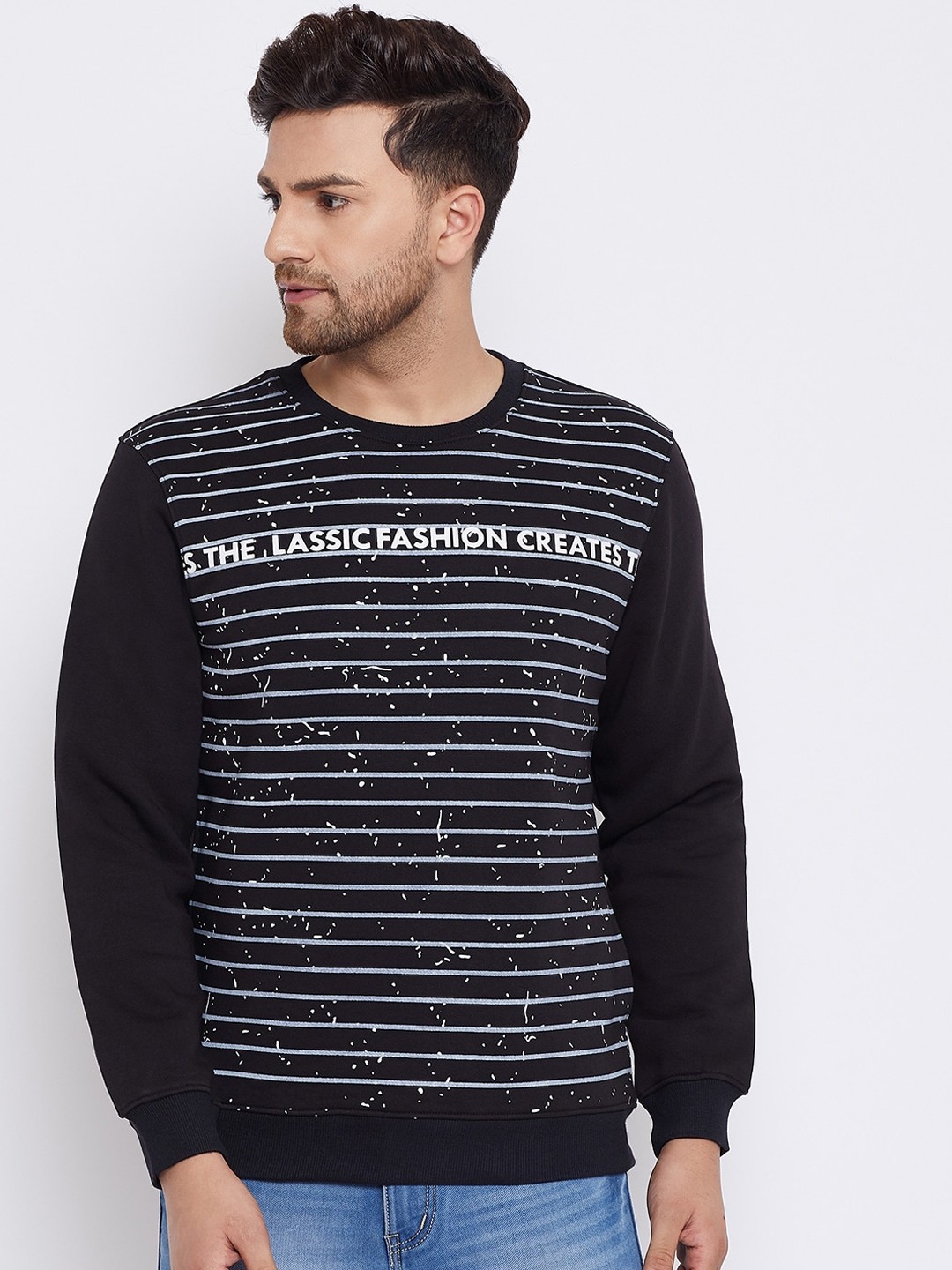 

Bishop Cotton Men Black Striped Sweatshirt
