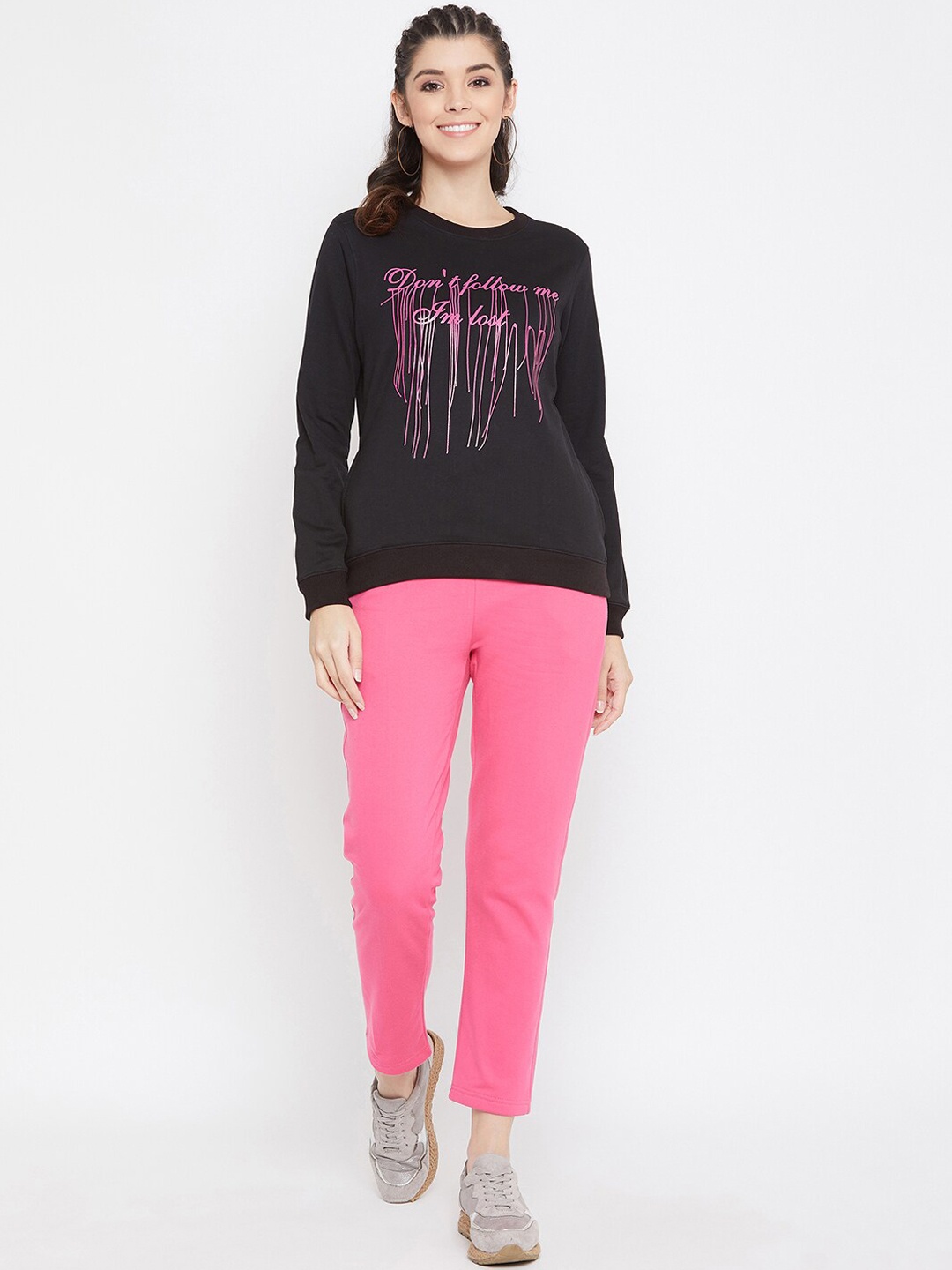 

Bishop Cotton Women Black & Pink Printed Cotton Tracksuit