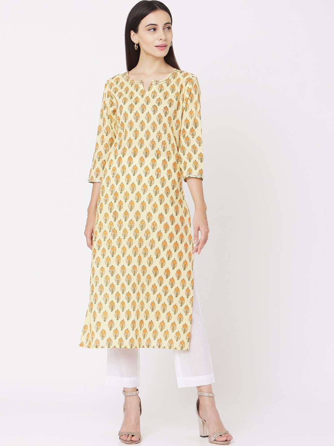 

Saanjh Women Yellow Printed Straight Kurta