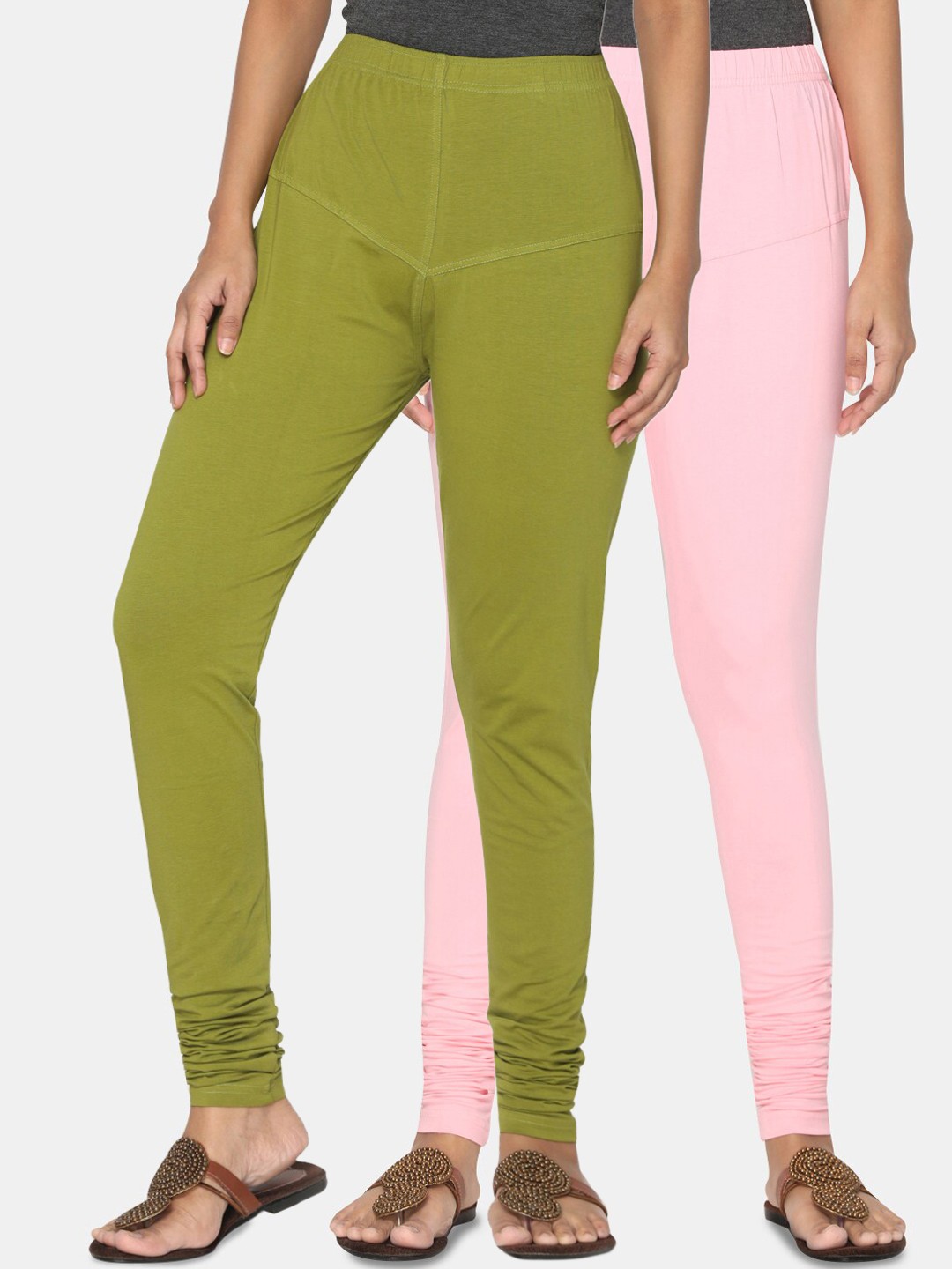 

TSG Bliss Women Pack of 2 Solid Churidar Leggings, Olive