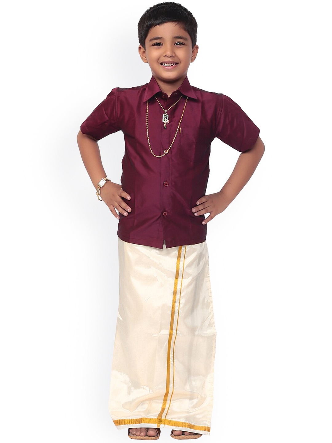 

Thala-thalapathy Boys Maroon & White Solid Shirt and Veshti