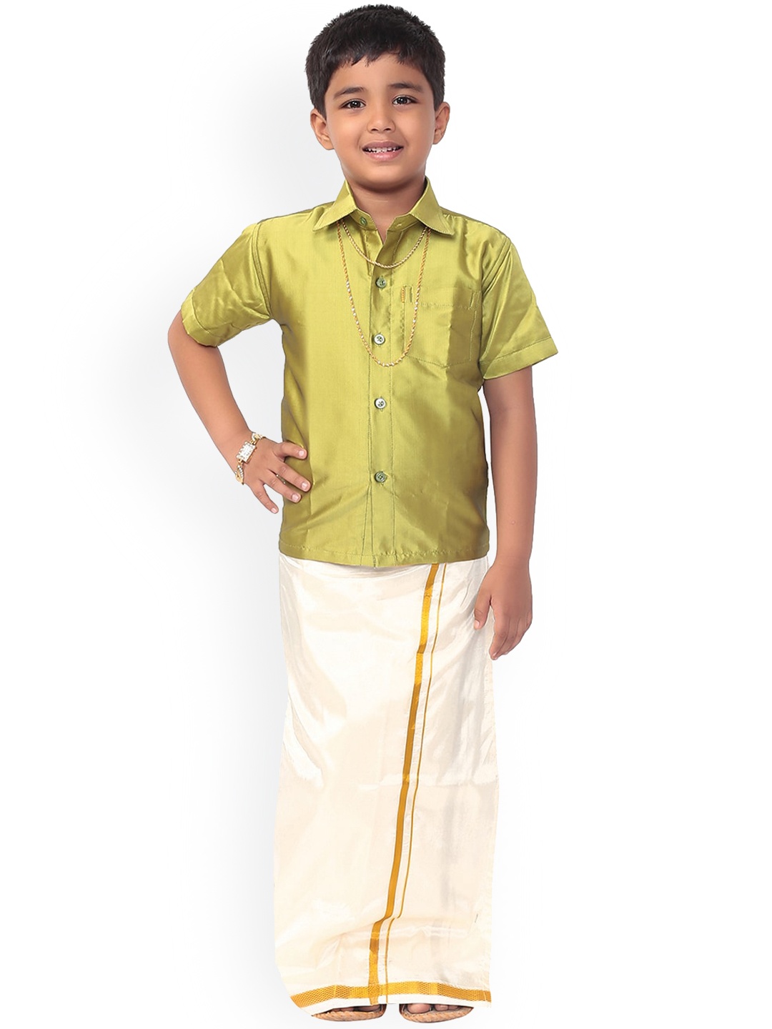 

Thala-thalapathy Boys Green & Off White Solid Shirt with Veshti & Towel With Gift Set