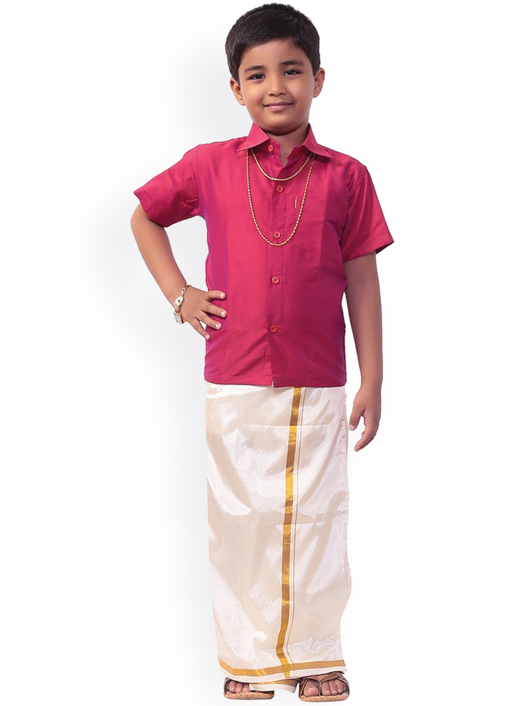 

Thala-thalapathy Boys Pink & White Solid Shirt with Veshti & Gift