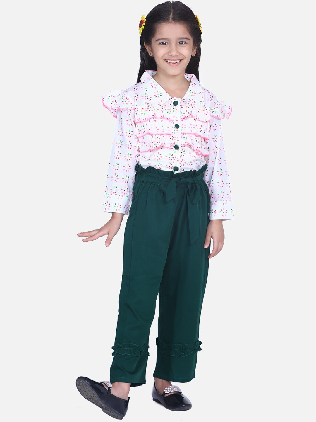 

Cutiekins Girls White & Green Printed Shirt with Palazzos