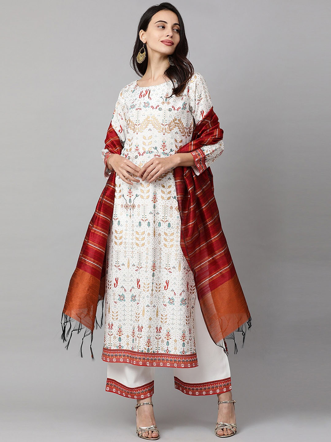 

Indo Era Women White & Red Printed Kurta with Palazzos & Dupatta
