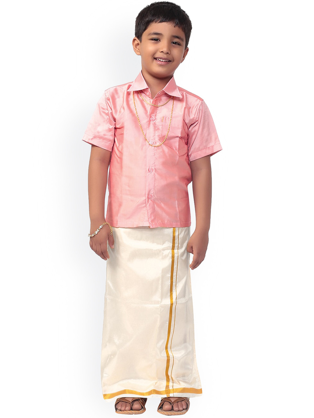 

Thangamagan Boys Pink & White Solid Shirt and Veshti