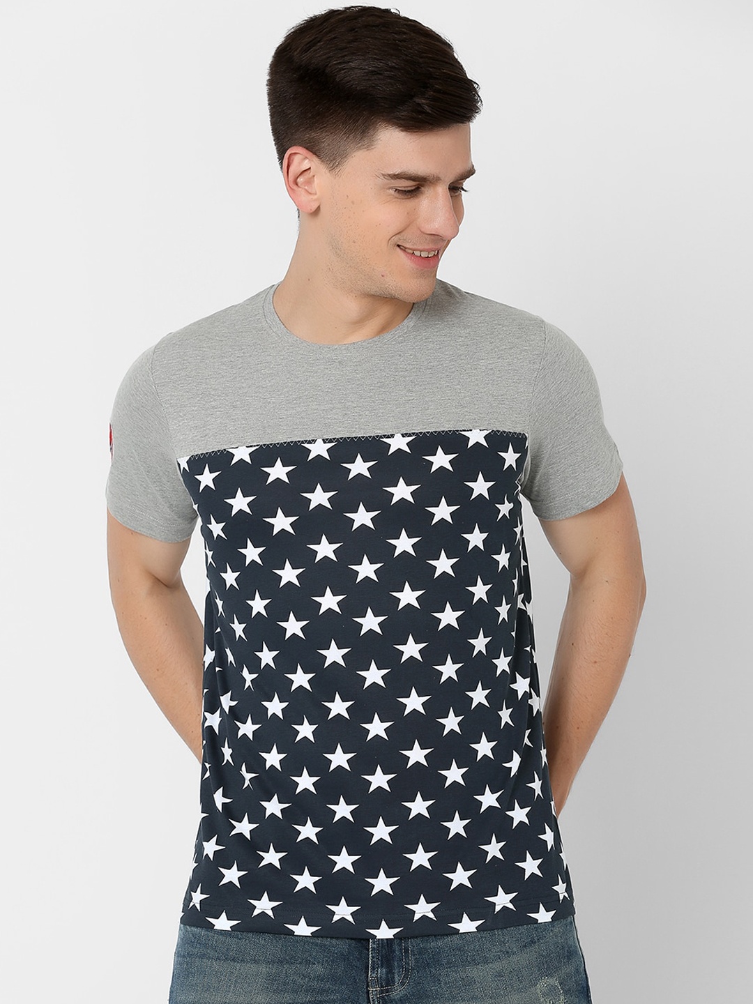 

MARCA Disati Men Grey Melange Printed Round Neck T-shirt