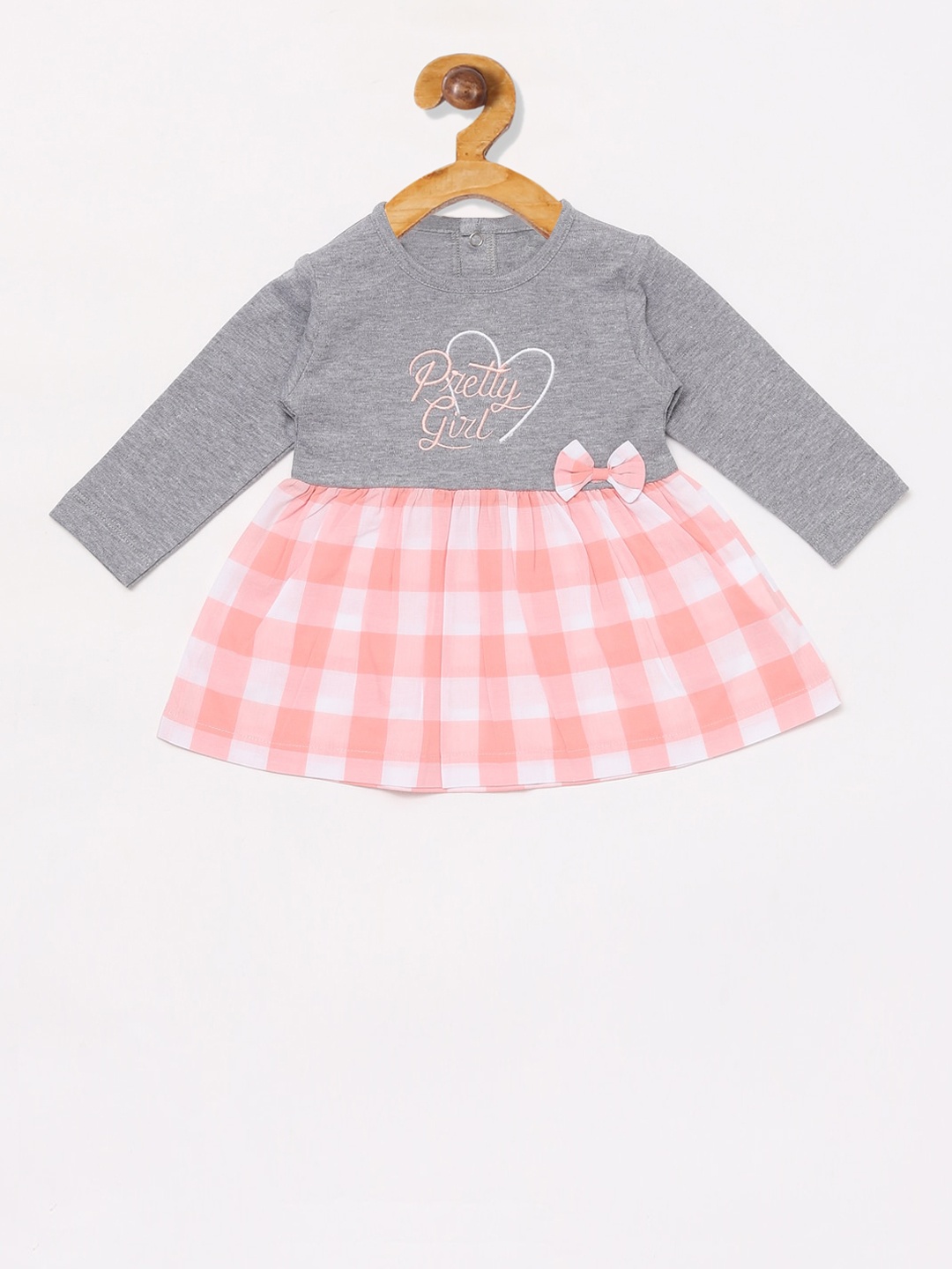 

BABY GO Girls Peach-Coloured & Grey Checked Fit and Flare Dress