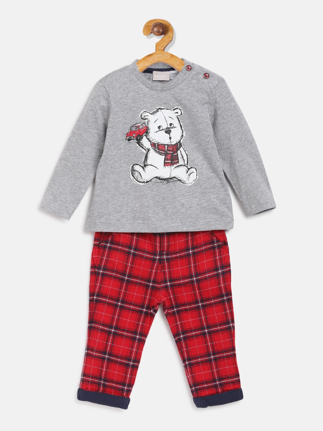 

Chicco Boys Grey & Red Printed 2 Pcs T-shirt & Checked Trousers