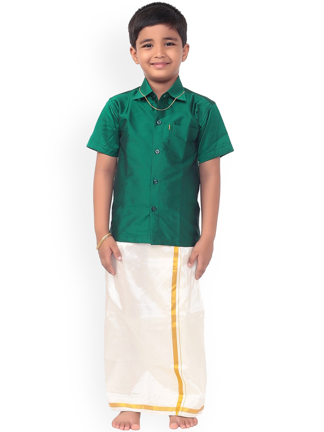 Thala-thalapathy Boys Green Solid Shirt with Veshti & Gift Set