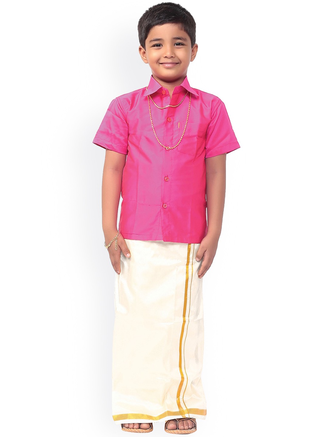 

Thangamagan Boys Rose Pink & White Solid Shirt and Veshti