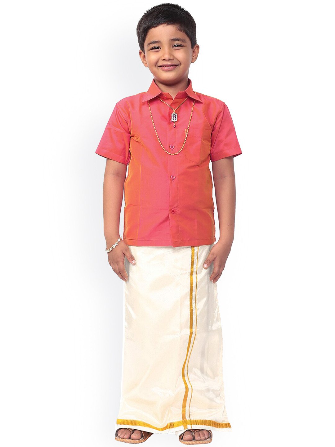 

Thangamagan Boys Pink & White Solid Shirt and Veshti