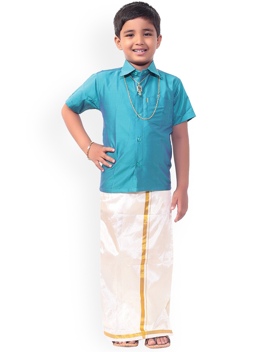 Thala-thalapathy Boys Blue & Off-White Solid Shirt with Veshti & Gift