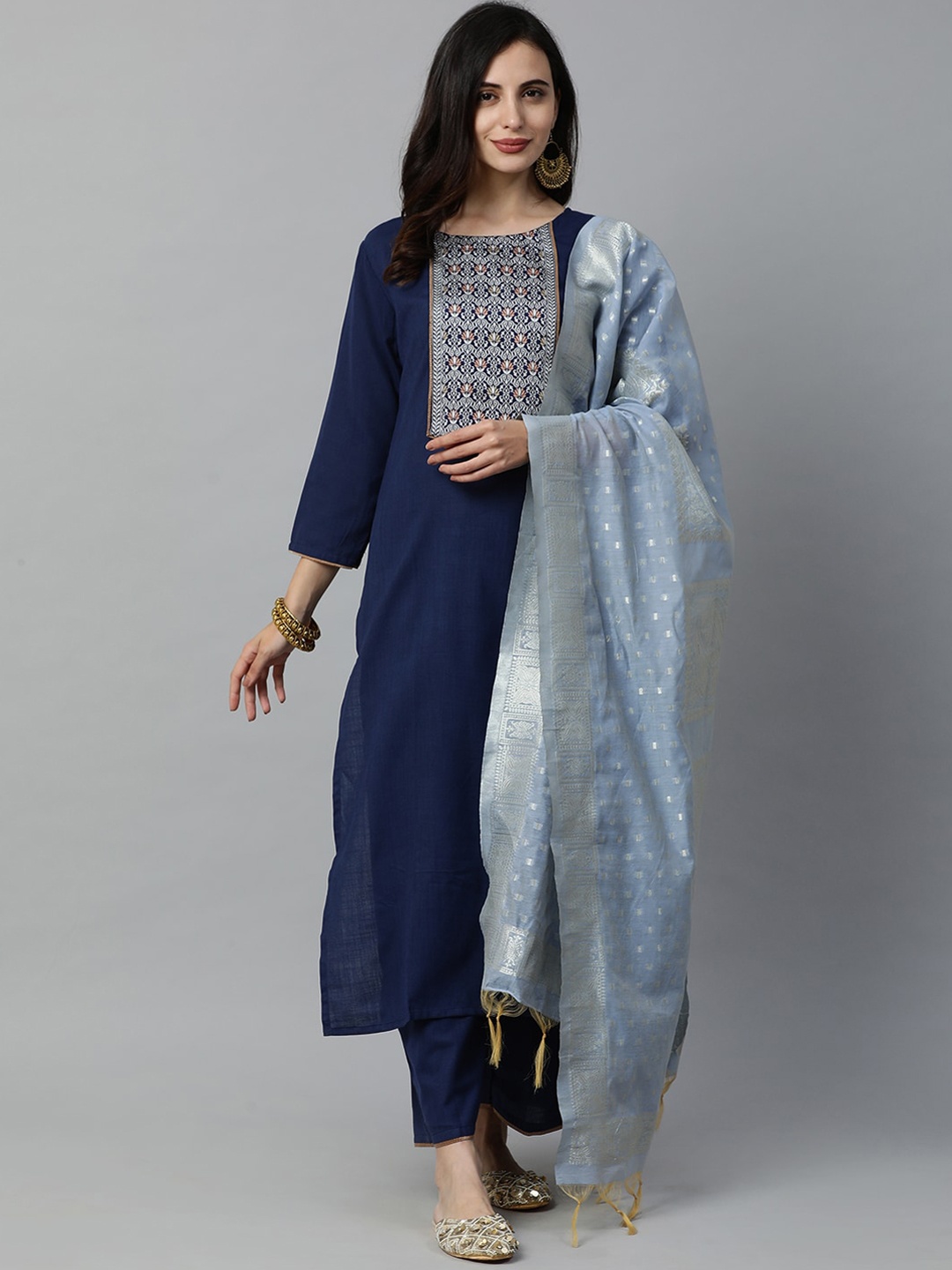 

Indo Era Women Navy Blue Yoke Design Kurta with Trousers & Dupatta