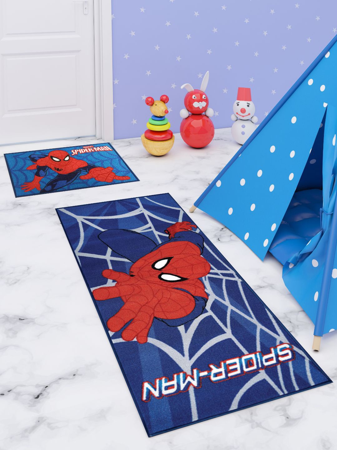 

Marvel Unisex Kids Red White & Blue Spiderman Print Floor Runner Carpet & Doormat Combo