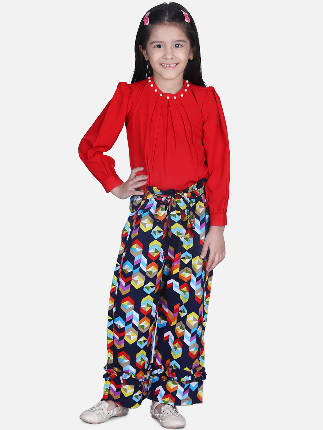 

Cutiekins Girls Red & Navy Blue Solid Top with Printed Palazzos