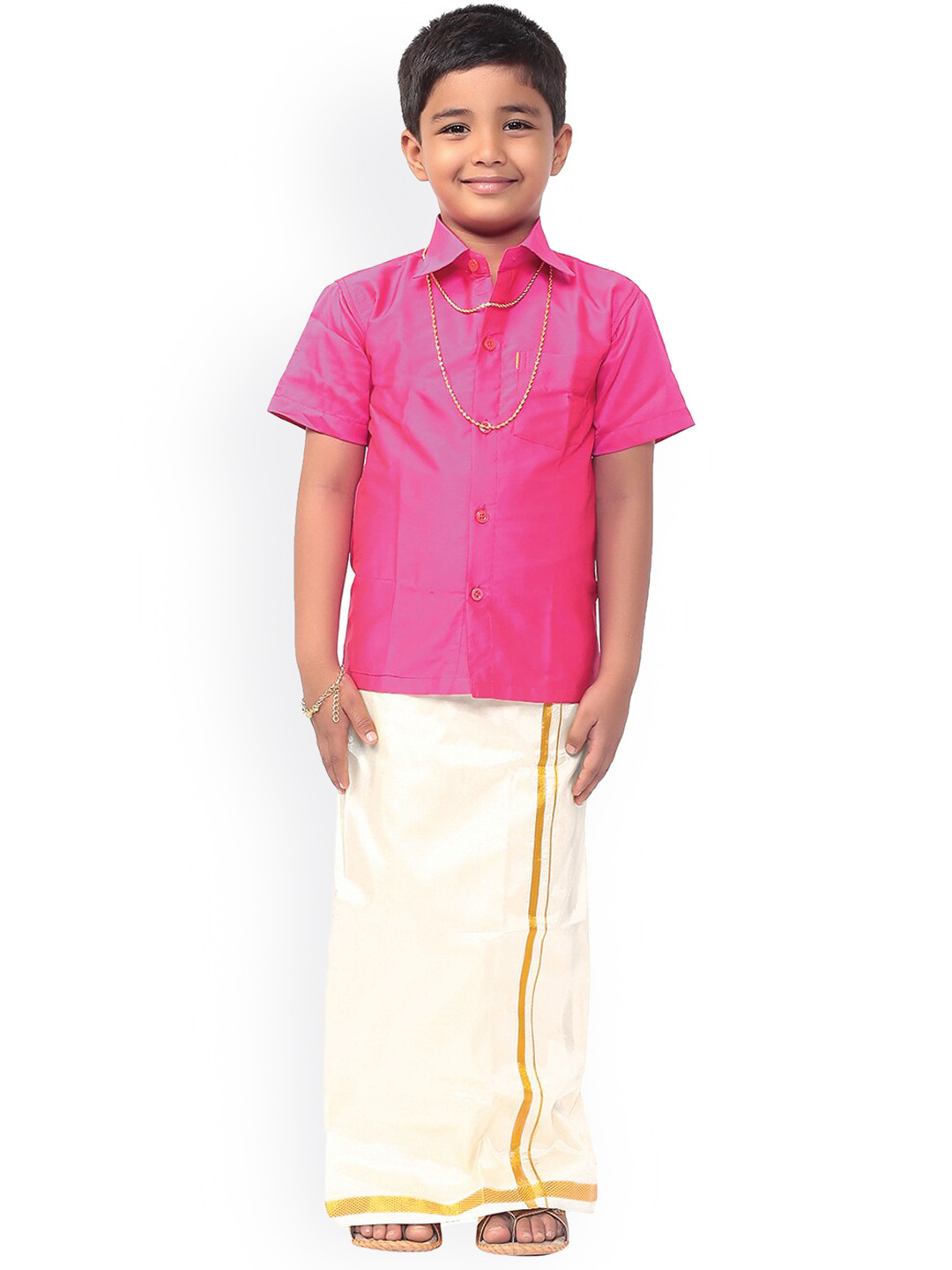 

Thala-thalapathy Boys Rose Pink & Off-White Solid Shirt and Veshti