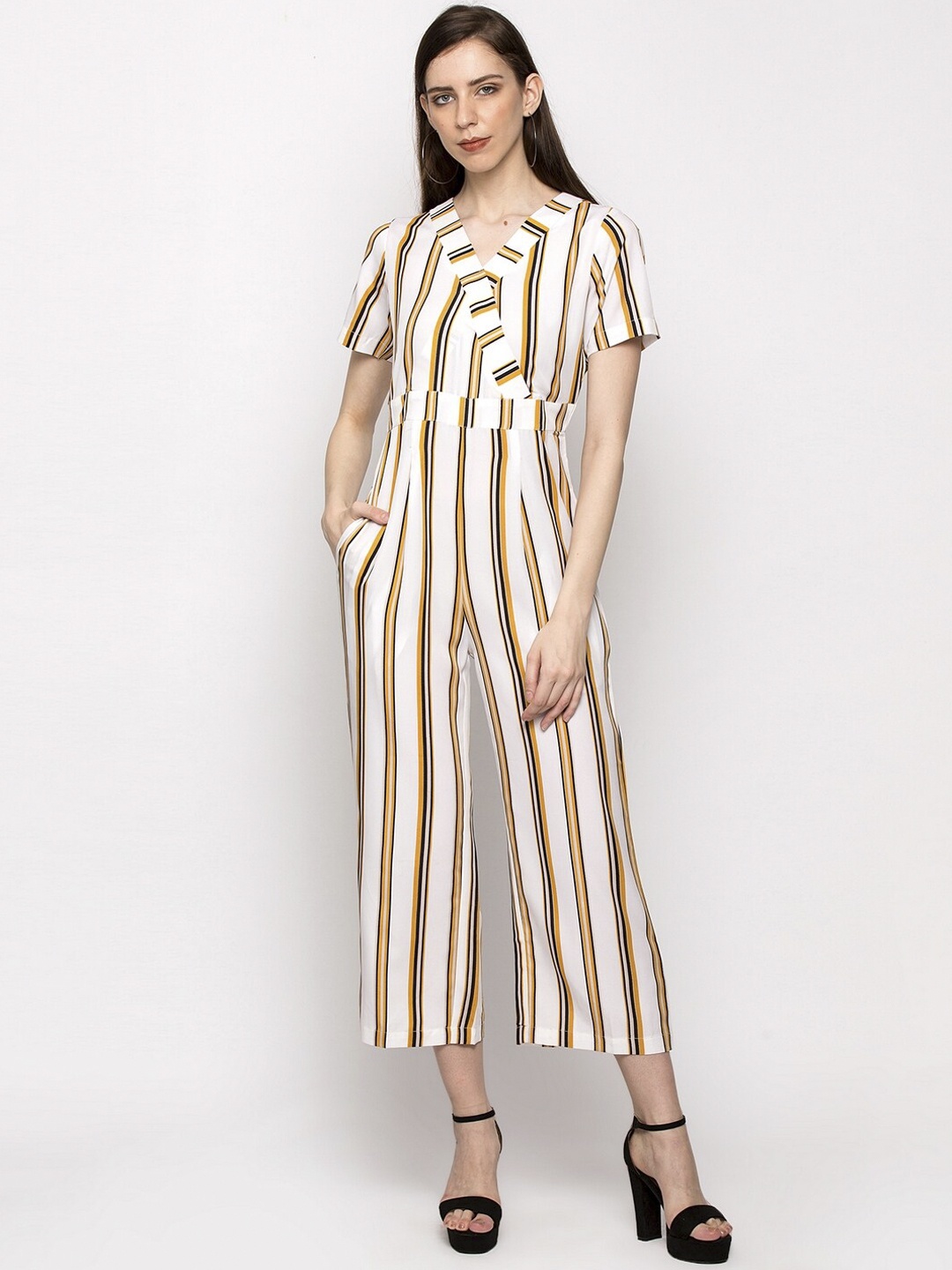 

Slenor Women White & Black Striped Culotte Jumpsuit