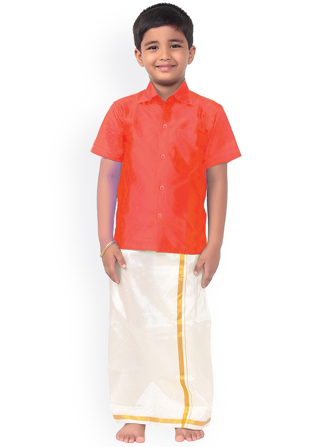 

Thangamagan Boys Orange & White Solid Shirt and Veshti